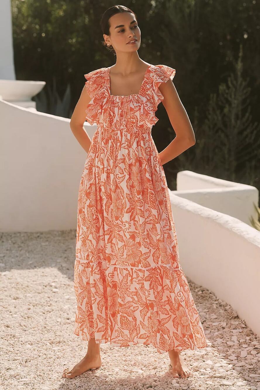 NWT ANTHROPOLOGIE Ro's Garden Cotton Flutter-Sleeve Midi Dress $265 SMALL Orange